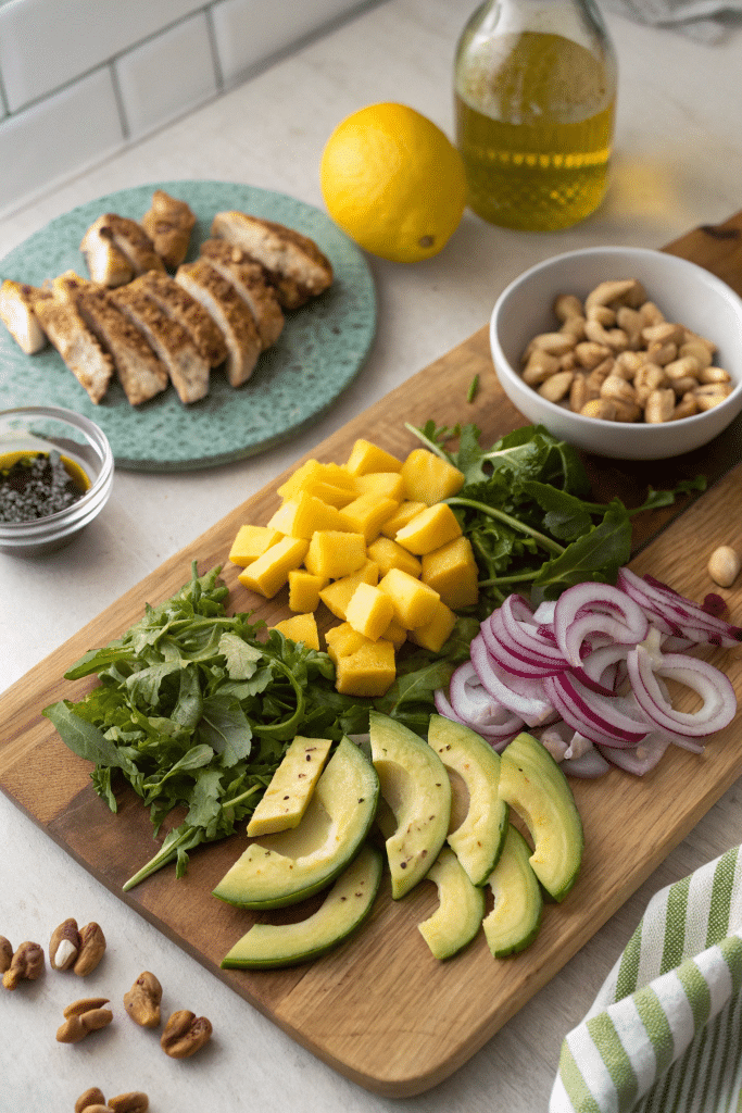 Ingrédients pour salade composée avec reste de poulet Ingrédients pour salade composée avec reste de poulet
