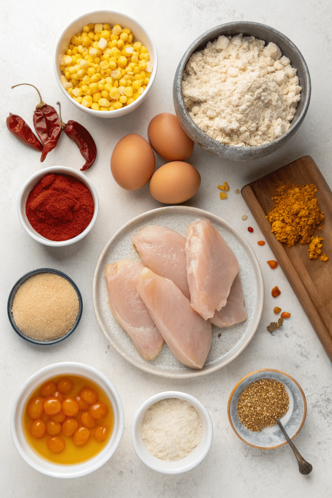 ingredients-recette-poulet-pane-corn-flakes-au-four. Ingrédients pour la recette poulet pané corn flakes au four