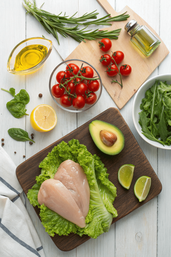 ingredients-recette-salade-de-poulet. Ingrédients frais pour préparer une recette salade de poulet maison