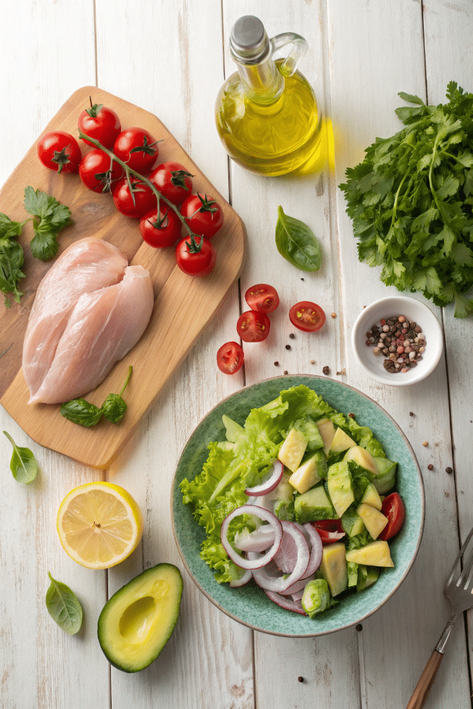 ingredients-salade-avec-emince-de-poulet Ingrédients frais pour salade avec émincés de poulet, légumes et vinaigrette