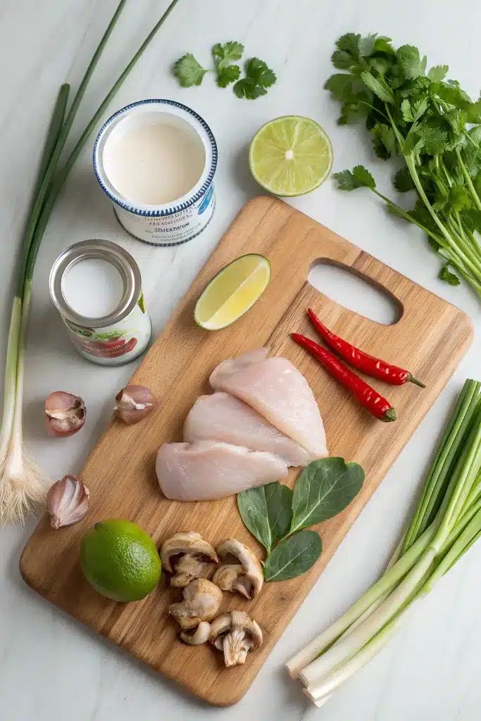 ingredients-soupe-thai-lait-de-coco-poulet ingrédients frais pour soupe thaï au lait de coco et poulet