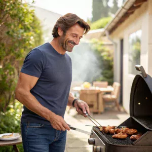 Tonton Poulet souriant en train de griller du poulet au barbecue dans un jardin ensoleillé
