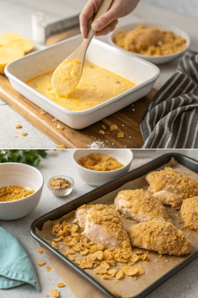 -step-by-step-preparation-of-baked-chicken Étapes pour préparer la recette poulet pané corn flakes au four