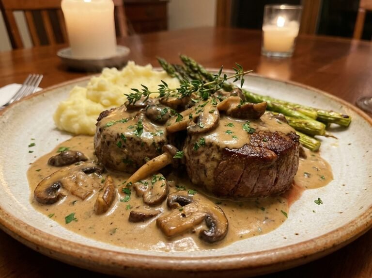Médaillons de bœuf fondants, sauce crémeuse aux champignons