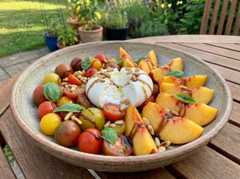Salade estivale tomates cerises, burrata et pêches
