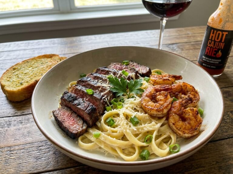 Blackened Steak and Cajun Shrimp Alfredo