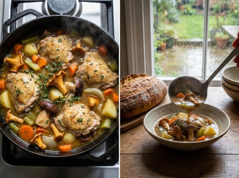 Blanquette de poulet mijotée avec champignons et légumes