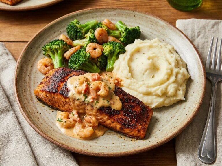 Cajun Seafood Salmon with Garlic Mash and Shrimp Broccoli Sauté