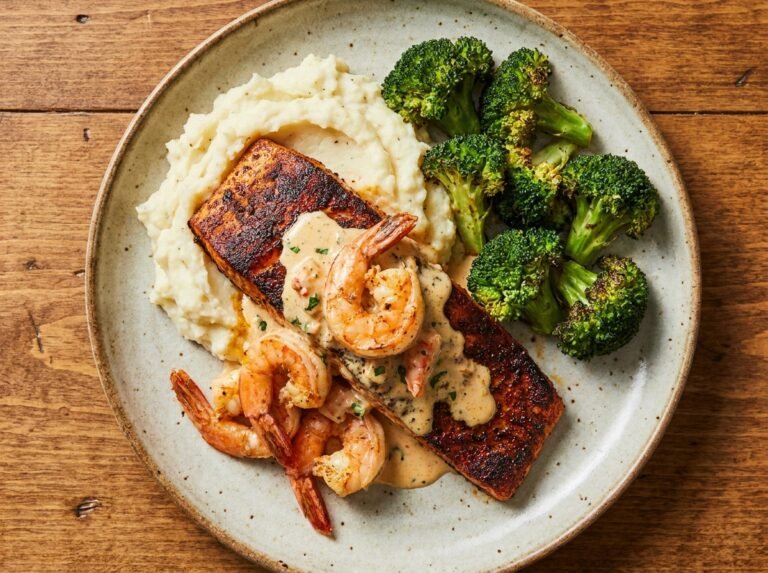 Cajun Seafood Salmon with Garlic Mash, Shrimp and Broccoli