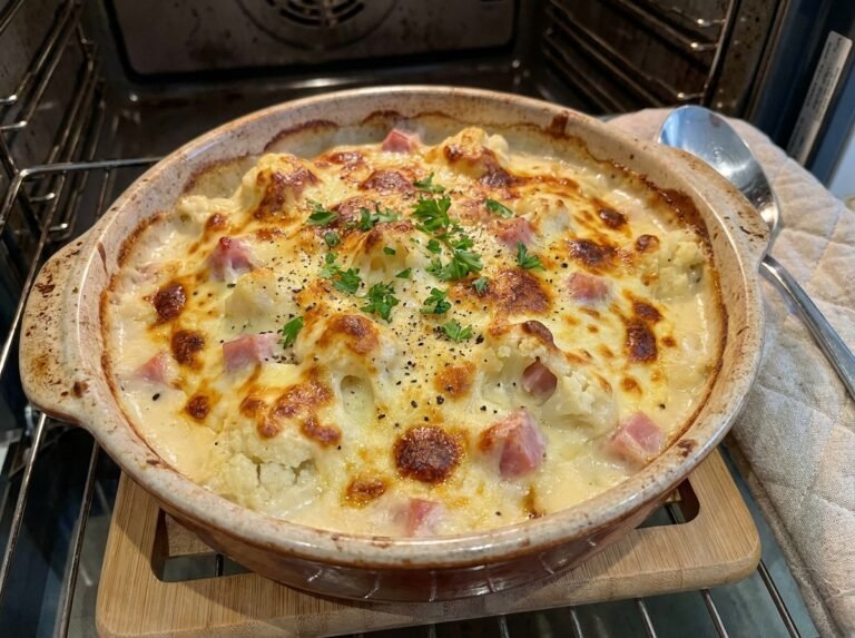 Gratin de chou-fleur au jambon, sauce au fromage au four
