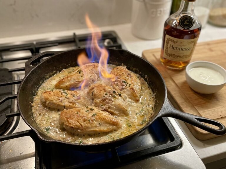 Filets de poulet flambés au Cognac & sauce crème-échalotes