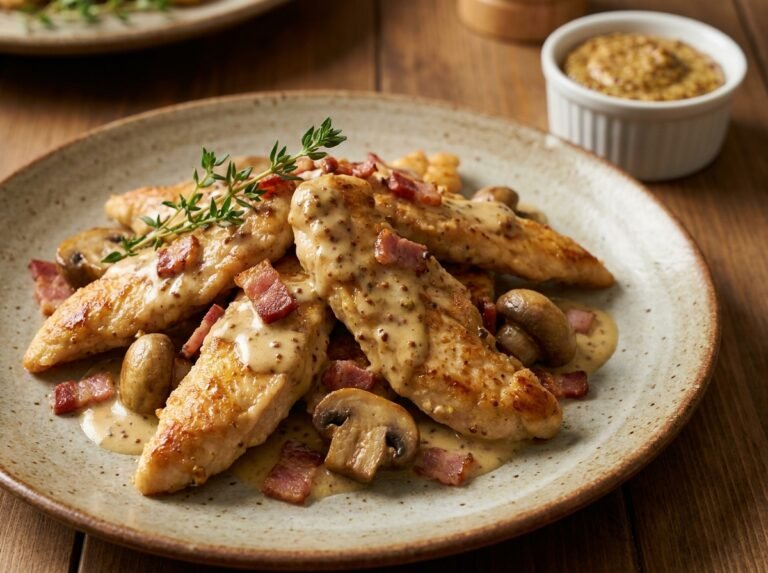 Émincés de Poulet à la Moutarde, Lardons et Champignons : Une Recette Gourmande et Facile à Réaliser