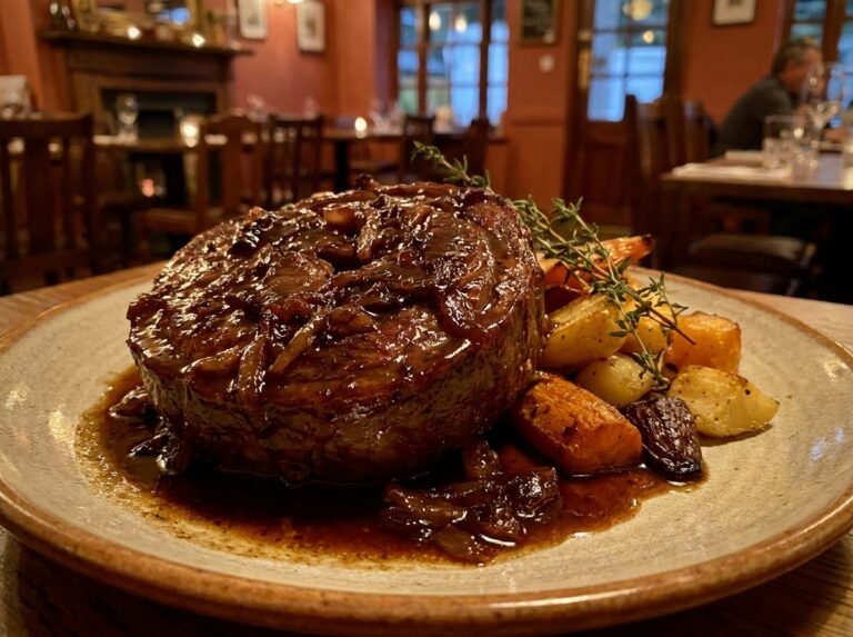 Rouelle de bœuf confite à la sauce ail et oignons