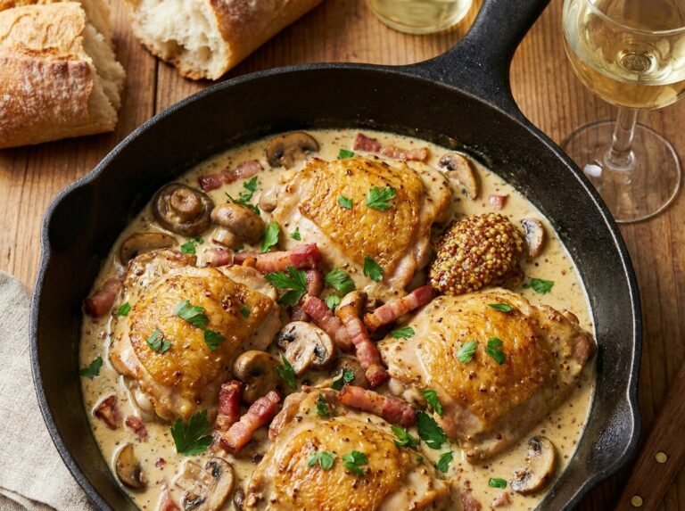 Poulet Crémeux à la Moutarde, Champignons et Lardons