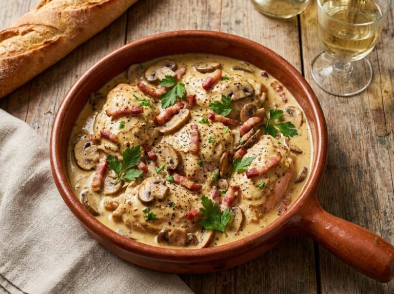 Poulet Crémeux à la Moutarde, Champignons et Lardons : une recette réconfortante et pleine de saveurs