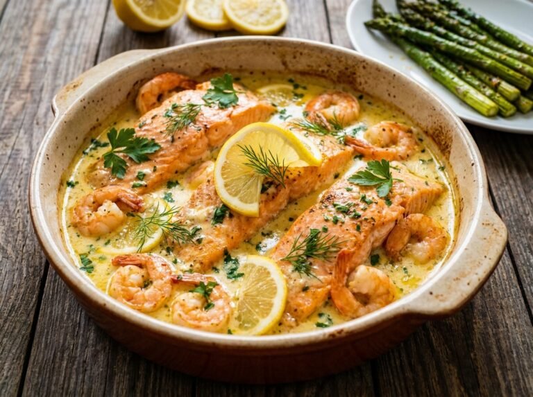 Creamy Lemon Garlic Seafood Salmon with Shrimp
