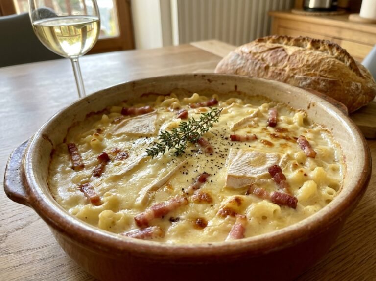 Macaronis crémeux au reblochon et lardons fumés