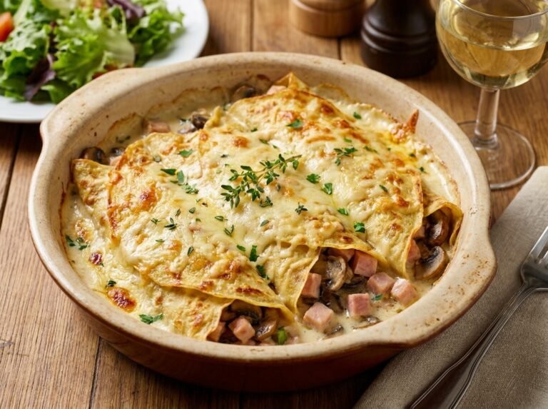 Crêpes farcies aux champignons et jambon de poulet, gratinées à la crème