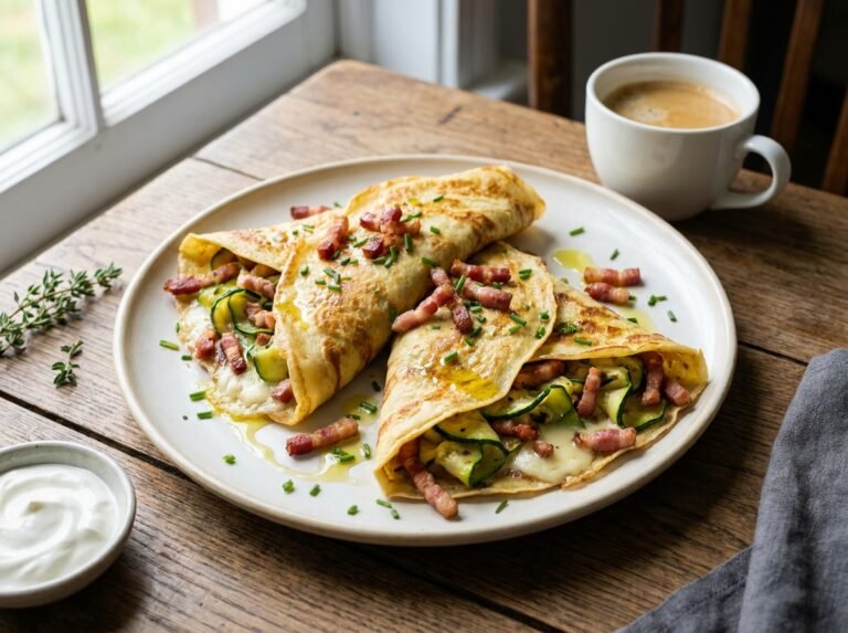 Crêpes lardons, courgette et fromages
