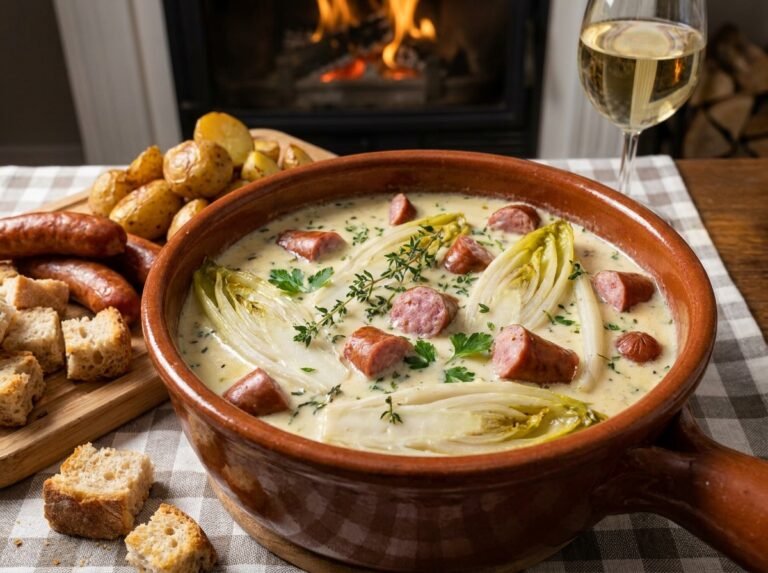 Fondue d’Endives aux Saucisses Fumées, Crème au Vin Blanc et Herbes : la recette réconfortante et savoureuse