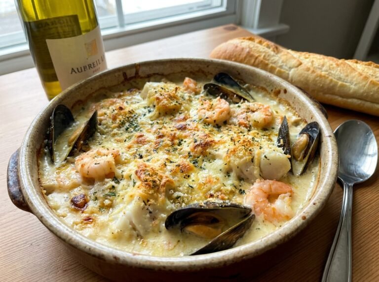 Gratin de cabillaud, crevettes et moules