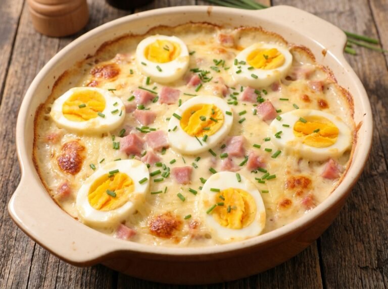 Gratin d’œufs durs au jambon, béchamel légère et fromage fondant