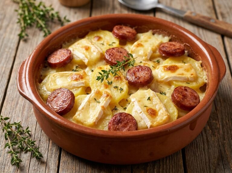 Gratin de Pommes de Terre au Maroilles et Saucisses Fumées