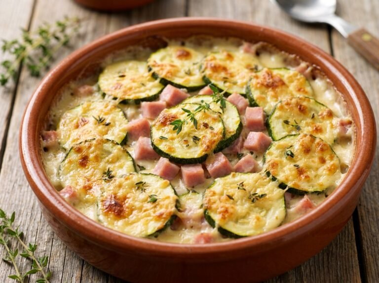 Courgettes gratinées au jambon et béchamel au Comté bien dorée