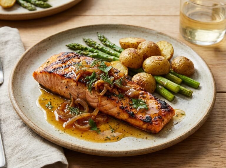 Pavé de saumon grillé avec sauce aux échalotes
