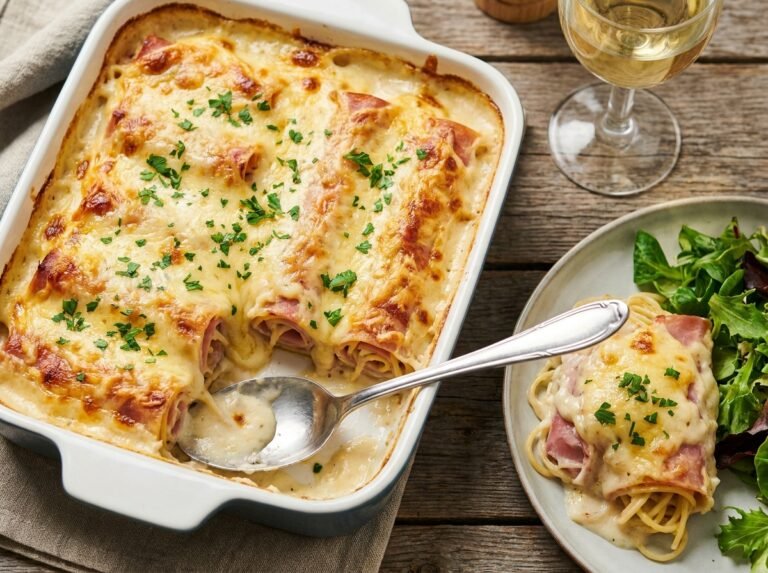 Roulés de jambon aux spaghetti, béchamel crémeuse & fromage gratiné