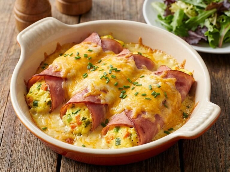 Œufs Roulés au Jambon, Sauce Crémeuse au Fromage (Style Quiche Roulée)