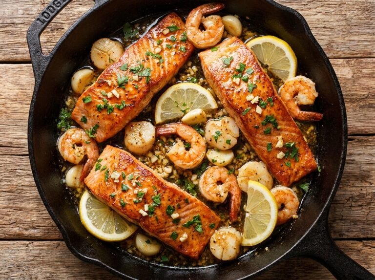 Honey Garlic Butter Seafood Skillet with Salmon