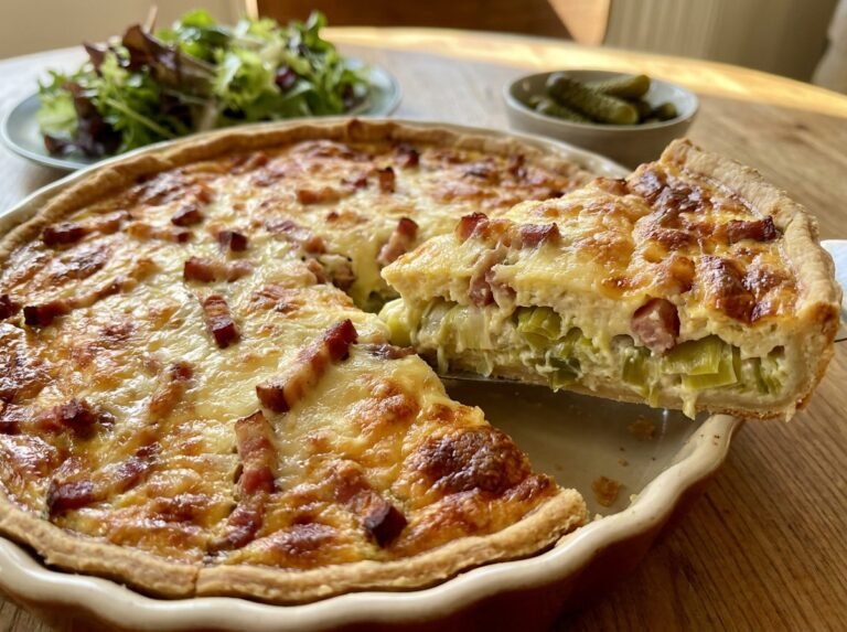 Quiche fondante aux poireaux, lardons fumés & fromage gratiné : recette facile et gourmande