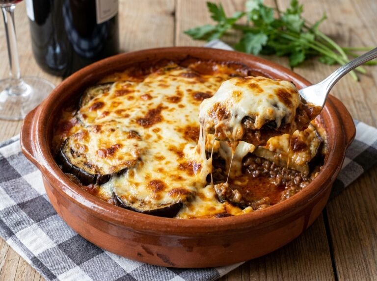 Moussaka d’aubergines fondante au bœuf, béchamel crémeuse & fromage gratiné
