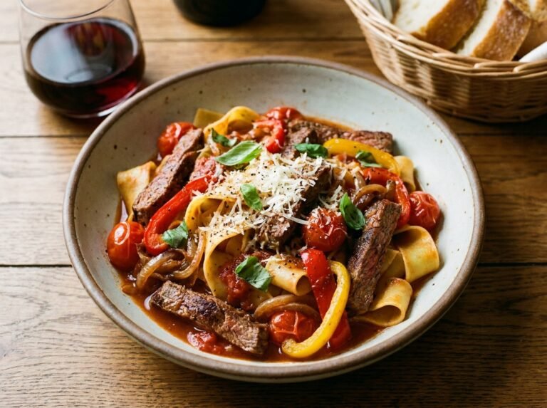 Pâtes au steak & poivrons : une recette gourmande, rapide et facile