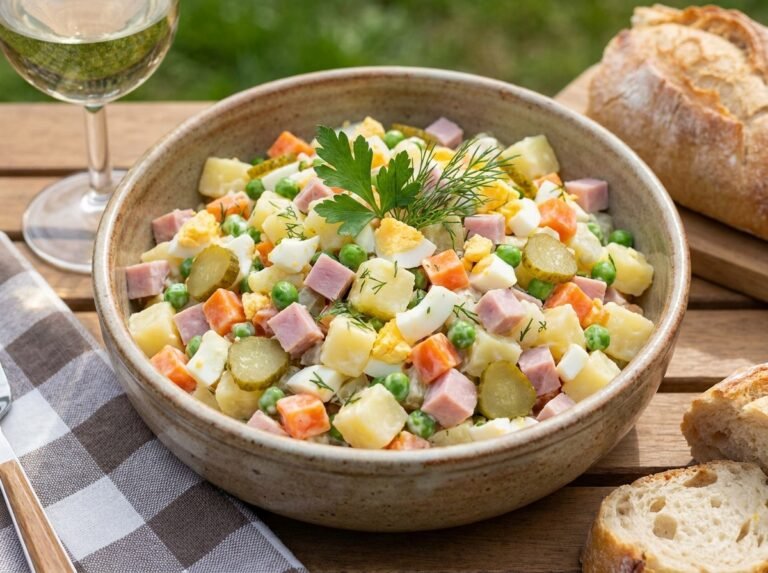 Salade piémontaise légère aux œufs durs, cornichons et dés de jambon