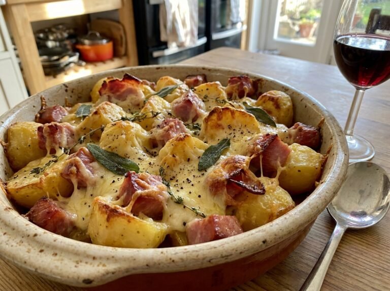 Rôti de pommes de terre au jambon et fromage fondant
