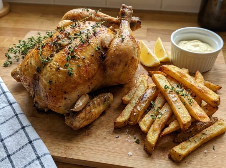 Poulet rôti au thym, pommes de terre frites maison croustillantes
