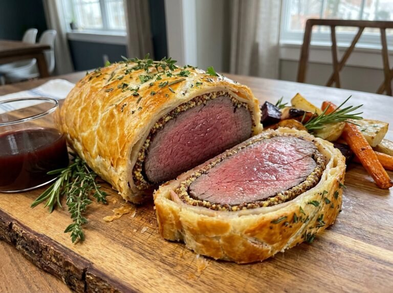 Rôti de bœuf en croûte feuilletée, moutarde et herbes