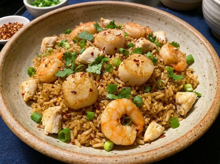 Five-Spice Seafood Fried Rice with Shrimp, Scallops and Crab