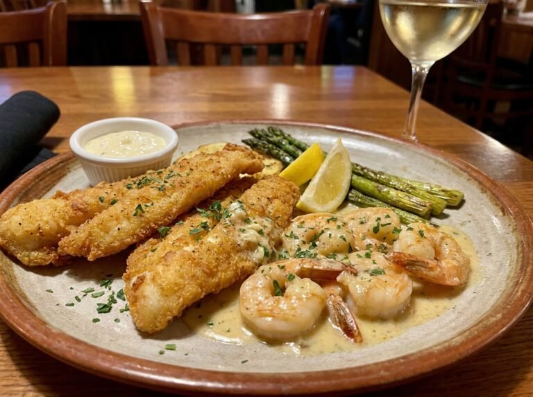 Crispy White Fish and Creamy Garlic Shrimp Seafood Plate