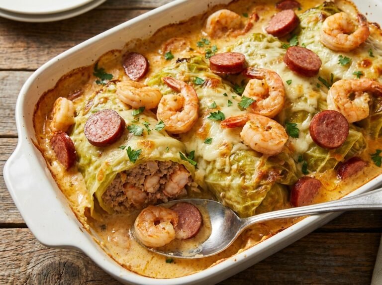 Loaded Shrimp and Sausage Seafood Stuffed Cabbage Bake