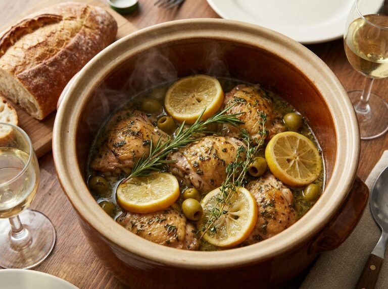 Poulet tendre au citron, olives vertes et herbes fraîches mijoté