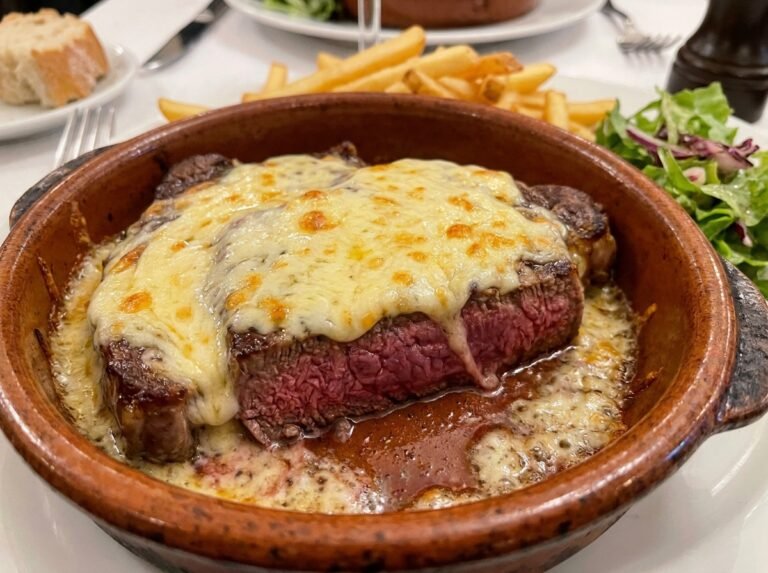 e steak parisien au fromage fondu est une recette généreuse et particulièrement réconfortante, parfaite lorsqu’on cherche un repas simple mais plein de gourmandise. Un steak bien saisi, recouvert d’un fromage fondant et accompagné d’oignons doucement caramélisés