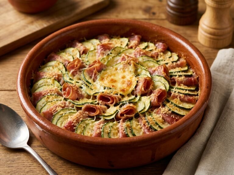 Tian de courgettes & jambon façon « coupes de cheveux » au gratin