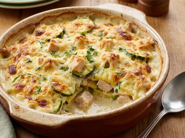 Gratin de courgettes au poulet avec une béchamel crémeuse et un fromage gratiné
