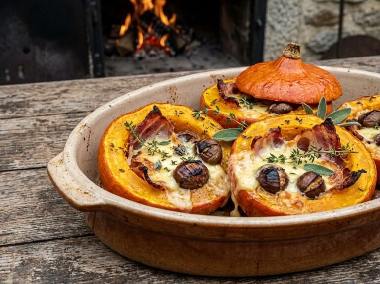 Potimarrons farcis aux lardons, Saint-Nectaire et châtaignes rôtis au four