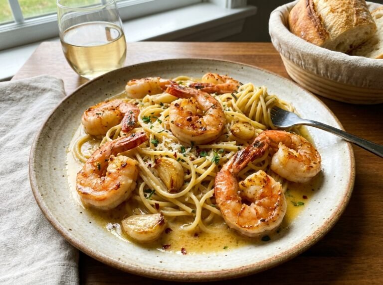Garlic Butter Shrimp Spaghetti : spaghetti aux crevettes, beurre à l’ail et parmesan