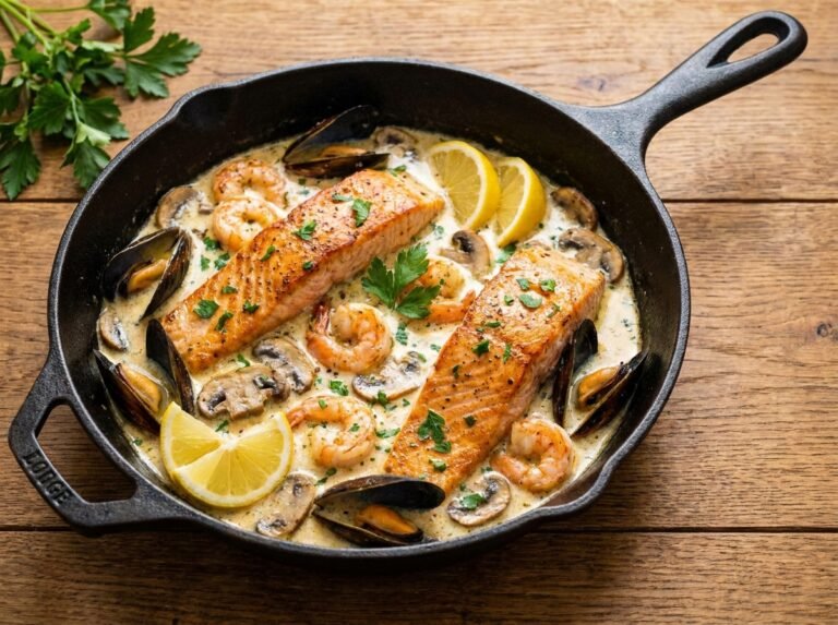 Creamy Garlic Mushroom Seafood Salmon Skillet
