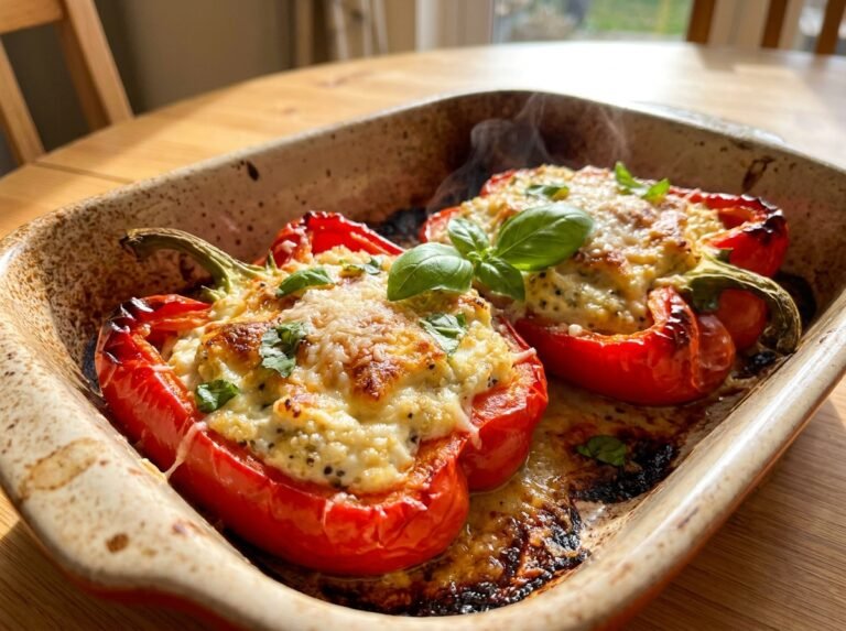 Poivrons rouges farcis à la ricotta et au quinoa, fondants, crémeux et délicatement gratinés